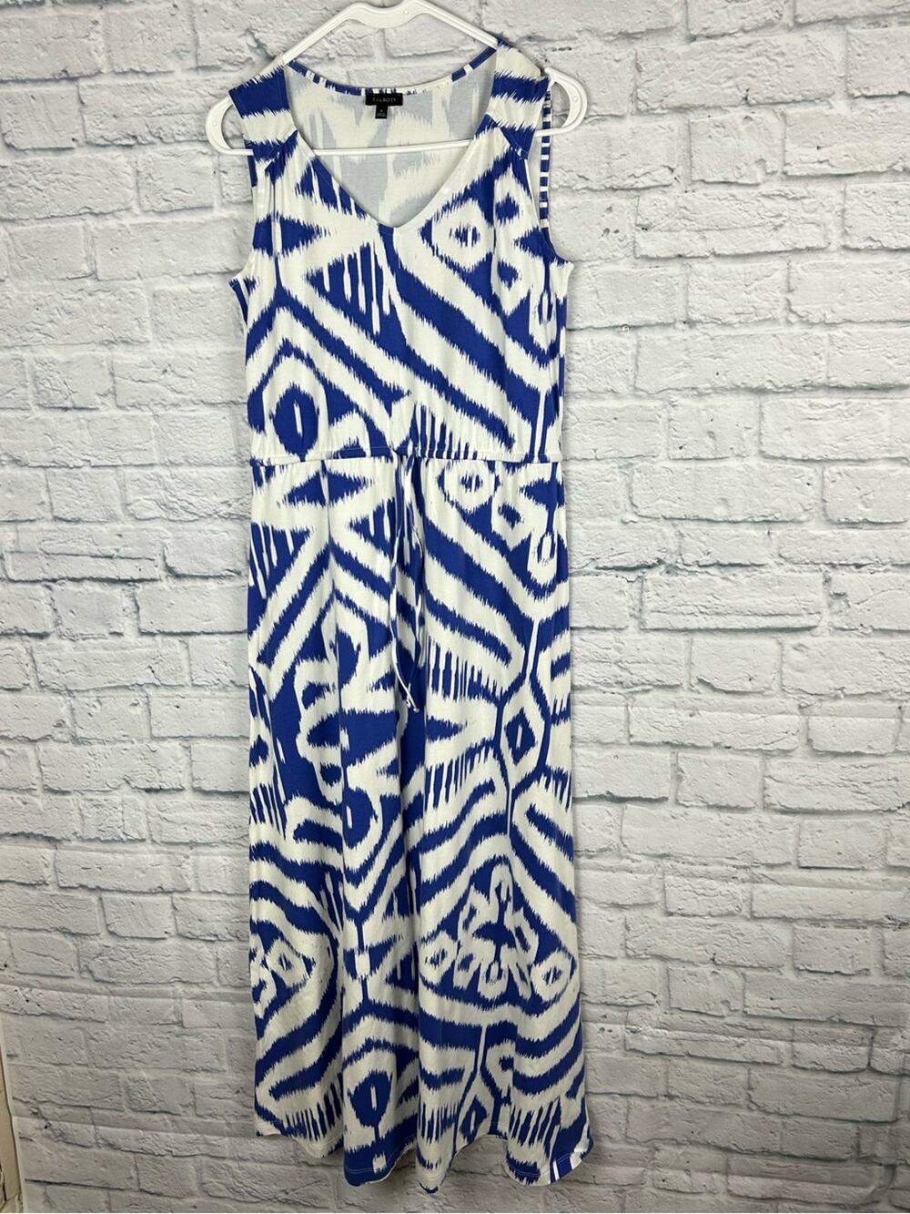 Talbots Blue White Ikat Maxi Dress Sleeveless Tie Waist Stretch Size Small